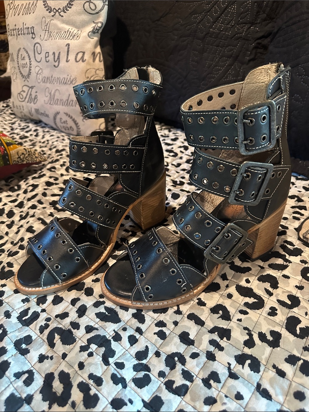 Freebird by Steven Black Leather Grommet Buckle Block Heel Sandals